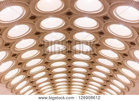 MOSCOW - MARCH 3: Closeup of the ceiling lighting caissons of the Elektrozavodskaya metro station on March 3 2016 in Moscow. It is one of the most spectacular stations of the Moscow subway.