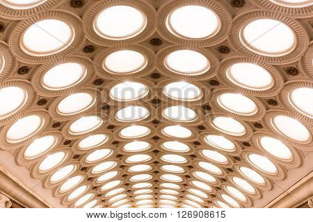 MOSCOW - MARCH 3: Closeup of the ceiling lighting caissons of the Elektrozavodskaya metro station on March 3 2016 in Moscow. It is one of the most spectacular stations of the Moscow subway.