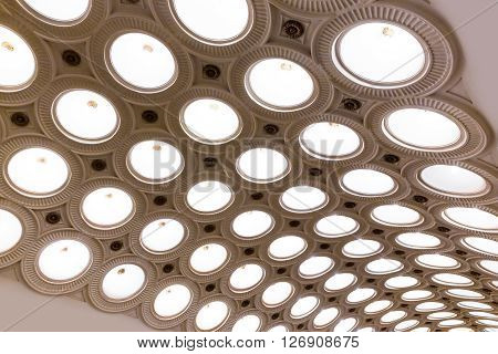 MOSCOW - MARCH 3: Closeup of the ceiling lighting caissons of the Elektrozavodskaya metro station on March 3 2016 in Moscow. It is one of the most spectacular stations of the Moscow subway.