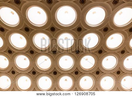 Closeup of the ceiling lighting caissons of the Elektrozavodskaya metro station in Moscow Russia