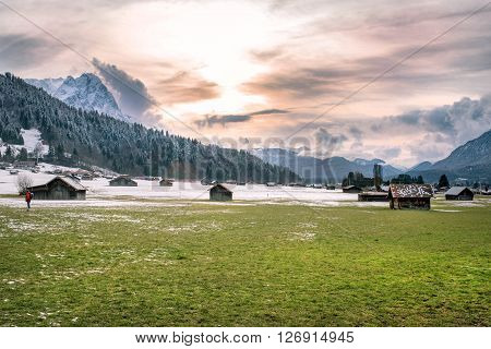 View over Alps from Loisach Valley, Garmisch-Partenkirchen, Germany