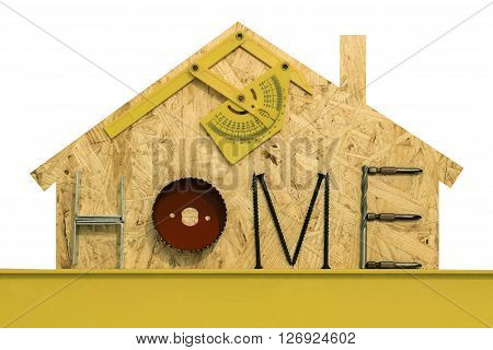 Silhouette of a suburbian house with mounting materials at OSB sheet. Isolated objects on a white background.