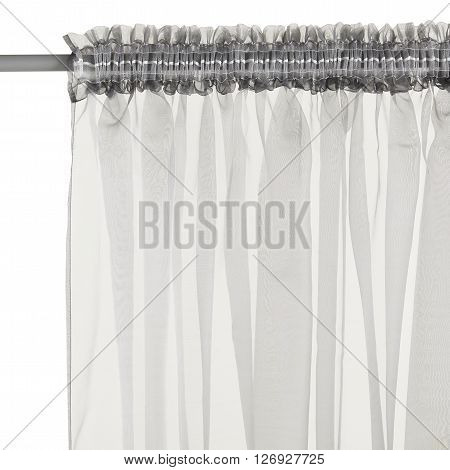 Fragment of the grey translucent curtain with mount. Back view. Isolated on white background. Include path.