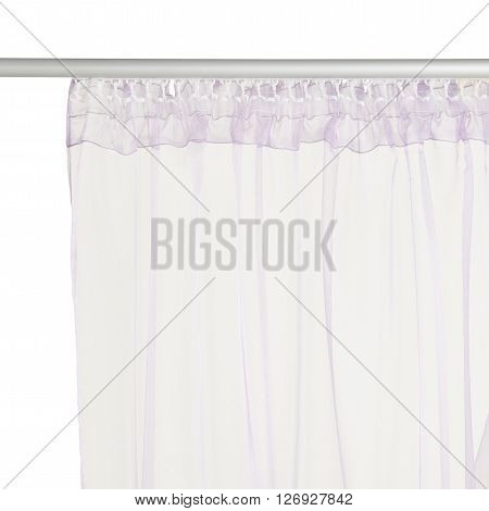 Fragment of the light pink translucent organza curtain with mount. Back view. Isolated on white background. Include path.