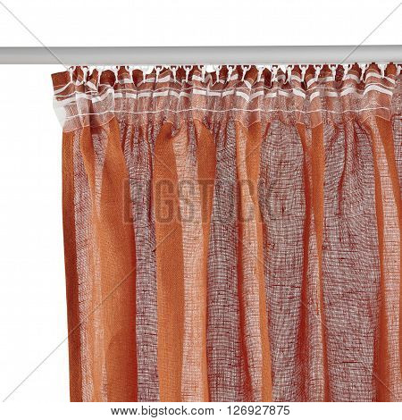 Fragment of the red curtain with mount. Back view. Isolated on white background. Include path.
