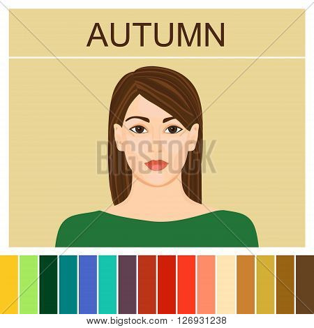 Stock vector autumn type of female appearance. Face of young woman. Seasonal color analysis palette