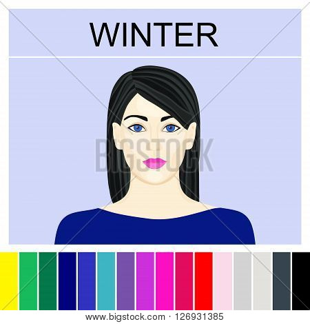 Stock vector winter type of female appearance. Face of young woman. Seasonal color analysis palette