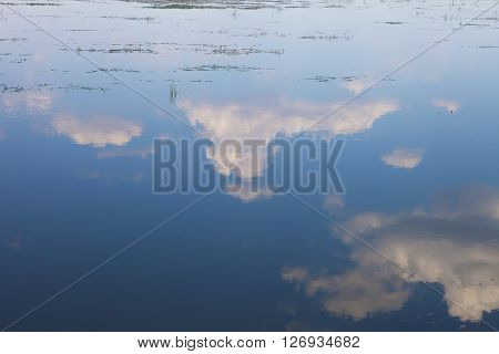 Blue summer sky and reflection of clouds in the surface of the Volga river. Nature landscape view in Russian countryside.