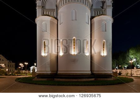 The apse of the Church. Orthodox temple complex. Architectural lighting.