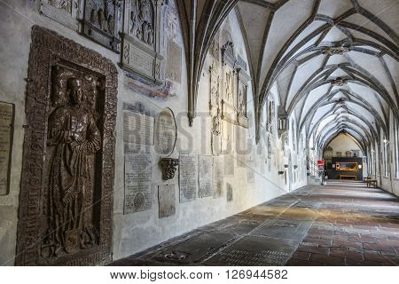 Augsburg Germany - January 16 2016: Gothic medieval crypt in the Cathedral of Augsburg. Cathedral was founded in the 11th century in Romanesque style.
