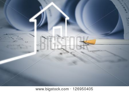 concept of dream house draw by designer with construction drawing as background