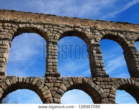 Close-up of Roman Aquaduct and the arches in Segovia Spain