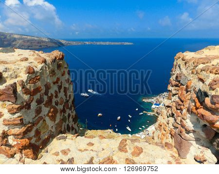 View to the sea from Oia the most beautiful village of Santorini island in Greece
