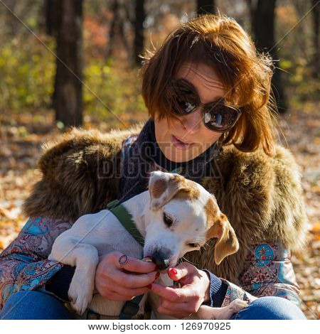 portrait of a woman with a dog on holiday in the autumn park  age of 40 years
