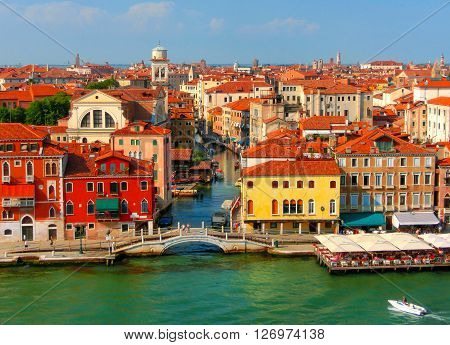 Beautiful view from Grand Canal  on colorful facades of old medieval houses in Venice, Italy