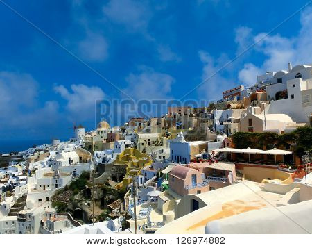 View to the sea from Oia the most beautiful village of Santorini island in Greece