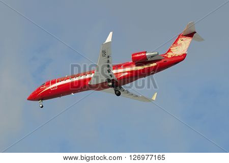SAINT PETERSBURG, RUSSIA - FEBRUARY 17, 2016: Aircraft Bombardier CRJ-200ER CRJ-200ER (VQ-BFI ) airlines Rusline on approach to Pulkovo airport