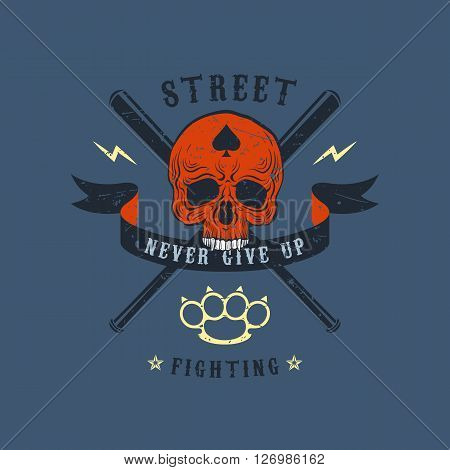 Colored vector illustration street fighting club emblem. The skull on a background with crossed baseball bats and brass knuckles. Ribbon with the inscription: Never give up.