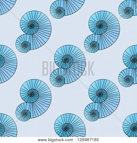 Abstract geometric seamless background. Spiral pattern diagonally in light blue and turquoise shades with black outlines on light gray.