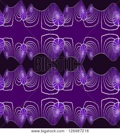 Abstract geometric seamless background. Regular spiral pattern horizontally in purple shades with light gray outlines and wiggly lines on purple and black, elegant and dreamy.