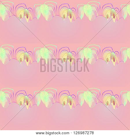 Abstract geometric seamless background. Dreamy spiral pattern with wiggly lines in pastel shades. Elements in yellow, beige, mint green, violet and purple on pink.