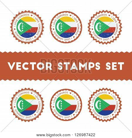 I Love Comoros Vector Stamps Set. Retro Patriotic Country Flag Badges. National Flags Vintage Round