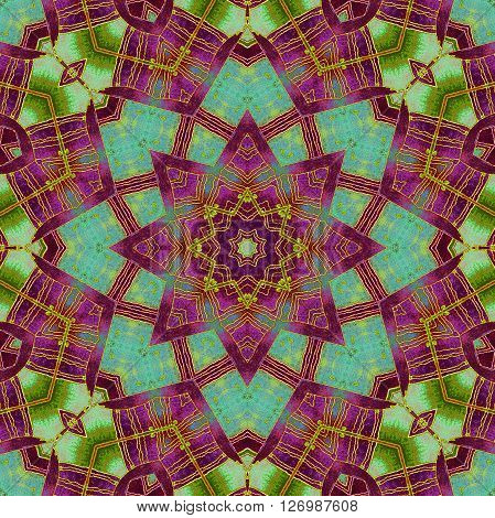 Abstract geometric seamless background. Ornate drawing, star pattern in purple shades with bright green wiggly lines and turquoise elements.
