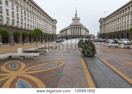 Sofia, Bulgaria - April 14: An Architectural Ensemble Of Three Socialist Classicism Edifices In Cent