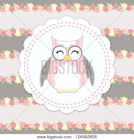 cute little owl vector. shabby chic style. english style. congratulation card for girl. vector illustration. pink and gray color