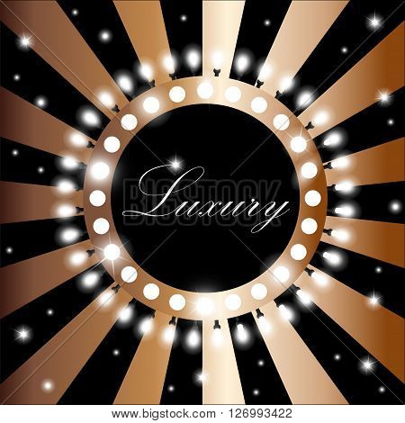 Shining Bronze Circle Vintage Banner With Lights And Lamps On Retro Bronze And Black Background. Vec