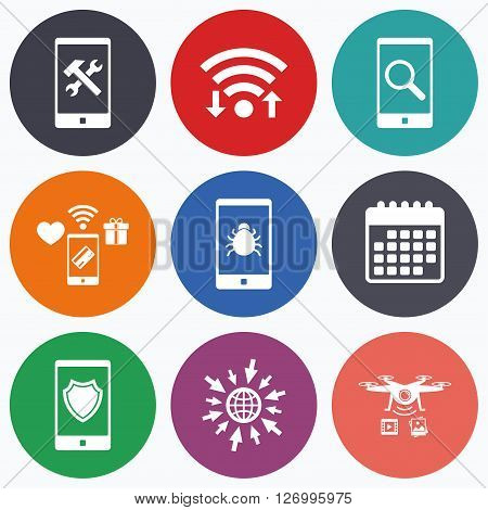 Wifi, mobile payments and drones icons. Smartphone icons. Shield protection, repair, software bug signs. Search in phone. Hammer with wrench service symbol. Calendar symbol.