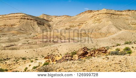 Landscape Makhtesh Gadol or Large Crater in Negev desert in the early spring, Israel