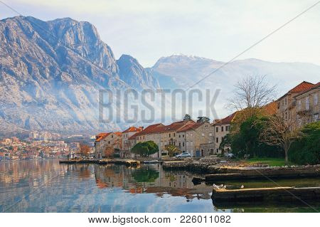 Winter Meditarranean Landscape .  Montenegro, View Bay Of Kotor, Lovcen Mountain And Prcanj Town