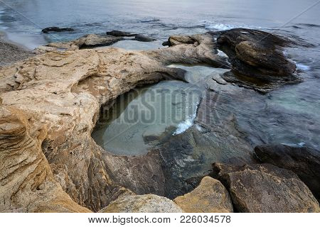 Seascape At The Black Sea Coast Near Ravda, Bulgaria. Rocky Sunrise.