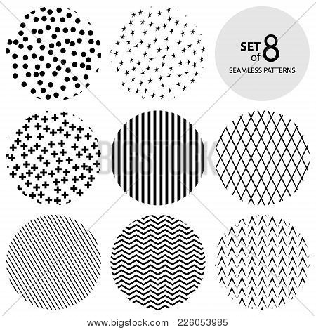 Set Of Eight Round Geometric Monochrome Seamless Patterns, Plus Sign And Strip, Rhombus And Polka Do