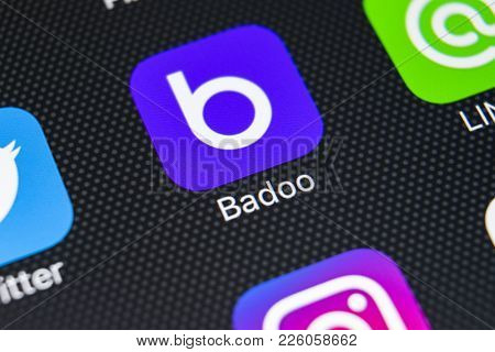 Sankt-petersburg, Russia, February 9, 2018: Badoo Application Icon On Apple Iphone X Screen Close-up
