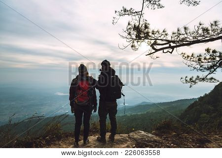 Lover Women And Men Asians Travel Relax In The Holiday. Photograph Mountain Landscapes Atmosphere In