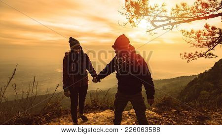 Lover Women And Men Asians Travel Relax In The Holiday. Photograph Mountain Landscapes Atmosphere In