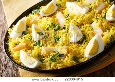 Tasty Homemade Kedgeree With Fish, Boiled Eggs, Cilantro Close-up On A Plate. Horizontal