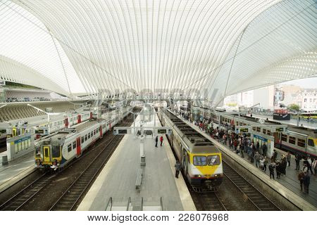 LIEGE-BRUSSELS-Nov. 4, 2017:  Detail of the Guillemins train station in Liege by the architect Santiago Calatrava opened on 18 September 2009 and It is one of the most important hubs in the country 