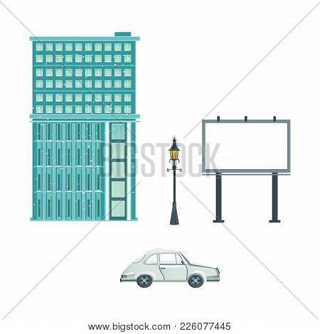 Vector Flat Urban Landscape Background Design Element Set. Streetlight, Lamppost Or Lantern, Car Veh