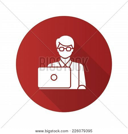 Programmer Flat Design Long Shadow Glyph Icon. It Technologist. Freelancer. Vector Silhouette Illust