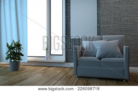 Living Room With Sofa Have Pillows, Lamp With Flowers On White Wall Background, 3d Rendering