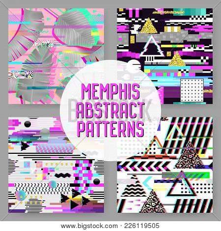 Seamless Patterns Set Glitch Design. Cyberpunk Digital Backgrounds With Geometric Gradient Elements.