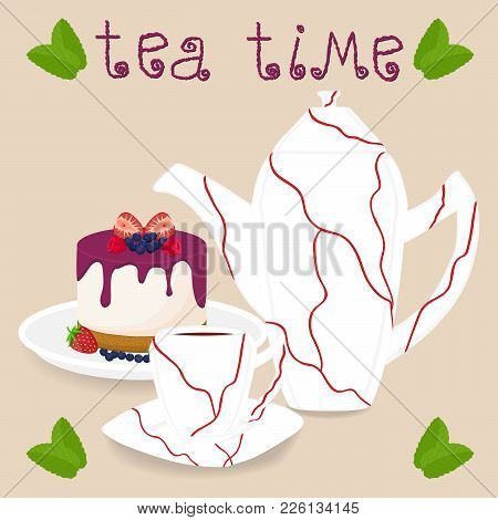 Vector Illustration Logo For Ceramic Cup, White Teapot, Teacup On Saucer, Berry Cheesecake. Teacup P