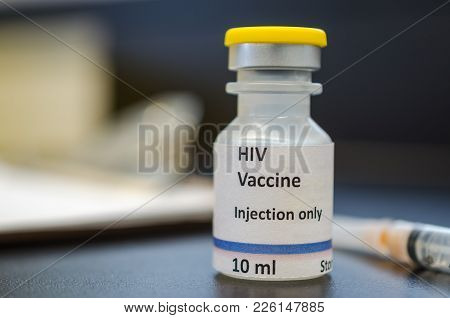 Hiv Vaccine Vial With Syringe Close Shot.