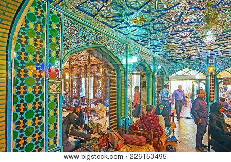 Isfahan, Iran - October 20, 2017: Nagsh-e Jahan Banquet Hall Boasts Traditional Persian Interior, Ta