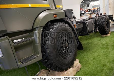 Moscow, Sep, 5, 2017: Powerful Green Kamaz Heavy Mud Truck Exhibit On Commercial Transport Exhibitio