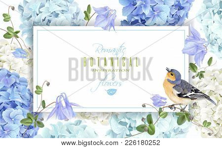 Vector Horizontal Banner With Blue, White Hydrangea Flowers And Bird On White Background. Floral Des