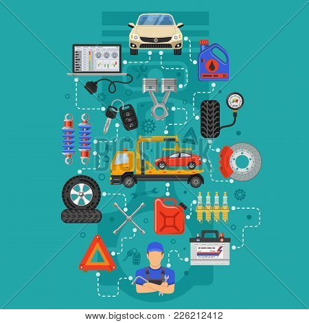 Car Service Infographics With Flat Icons For Poster, Web Site, Advertising Like Laptop, Tow, Battery